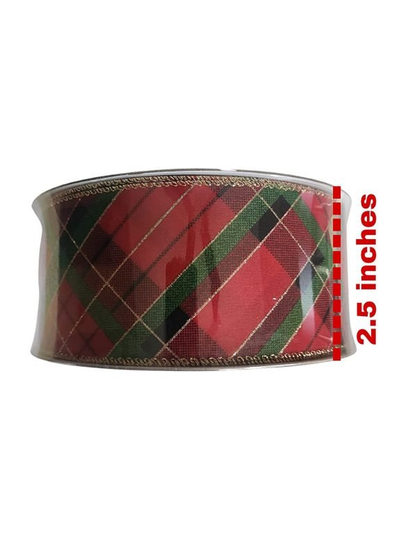 Premium Wired Ribbon || Beautiful 2.5 Inch Wired Red, Black & Green Diagonal Plaid Ribbon with Gold Threads 50 Yards || 1 Piece