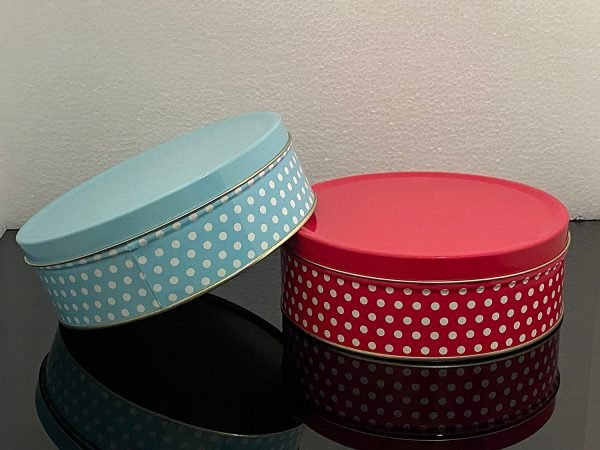 Round Cookie Storage Box 7.5” X 2.5” with Lid || Light Weight || Tin Striped and Dots Design || Set of 2|| (Red and Blue)