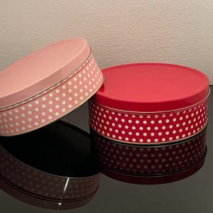 AmoolyaZ Round Cookie Storage Box 7.5” X 2.5” with Lid || Light Weight || Tin Striped and Dots Design || Set of 2|| (Red and Pink)