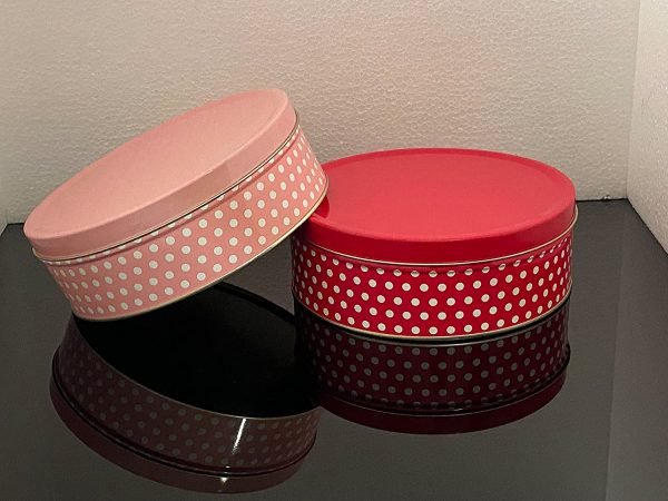 AmoolyaZ Round Cookie Storage Box 7.5” X 2.5” with Lid || Light Weight || Tin Striped and Dots Design || Set of 2|| (Red and Pink)