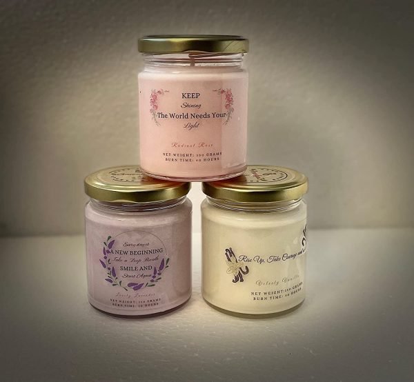 Scented Soy Wax Candles for Stress Relief and Home Decor || Vanilla, Rose and Lavender || No Black Smoke, Paraben Free, Long Lasting Candles, Hand Poured Natural 100% Soy Wax - Set of 3